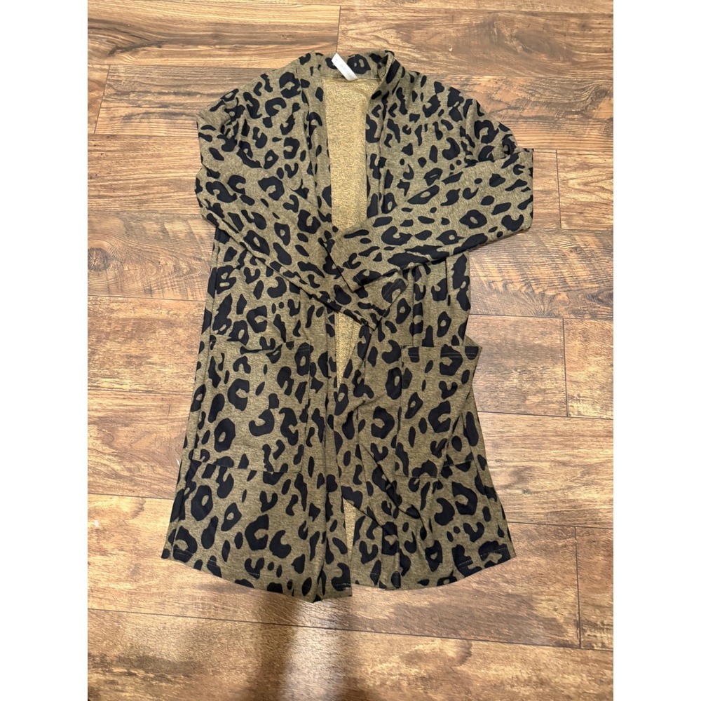 Tickled Teal Leopard Print Open Front Longline Cardigan Duster Olive Green Small